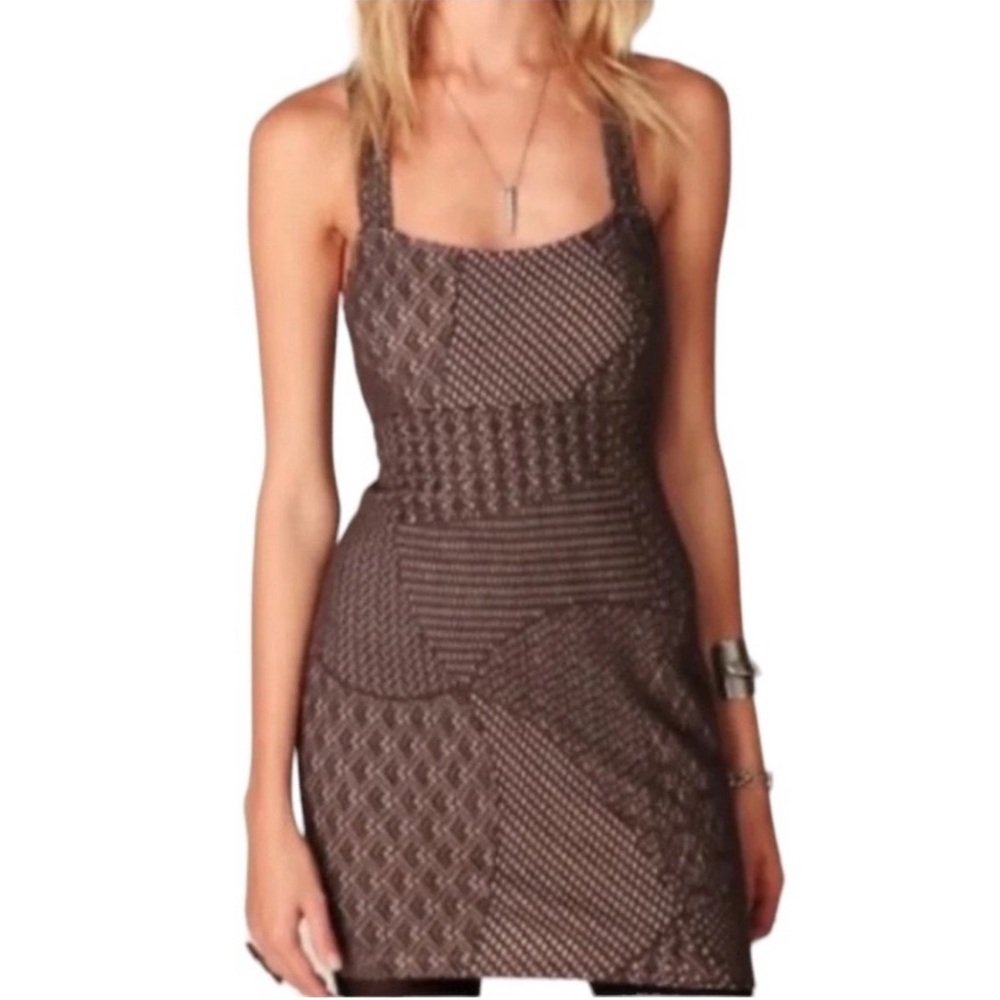 Vintage FREE PEOPLE Bohemian Crochet Knit Web Lace Bodycon Mini Dress Sz M Y2K